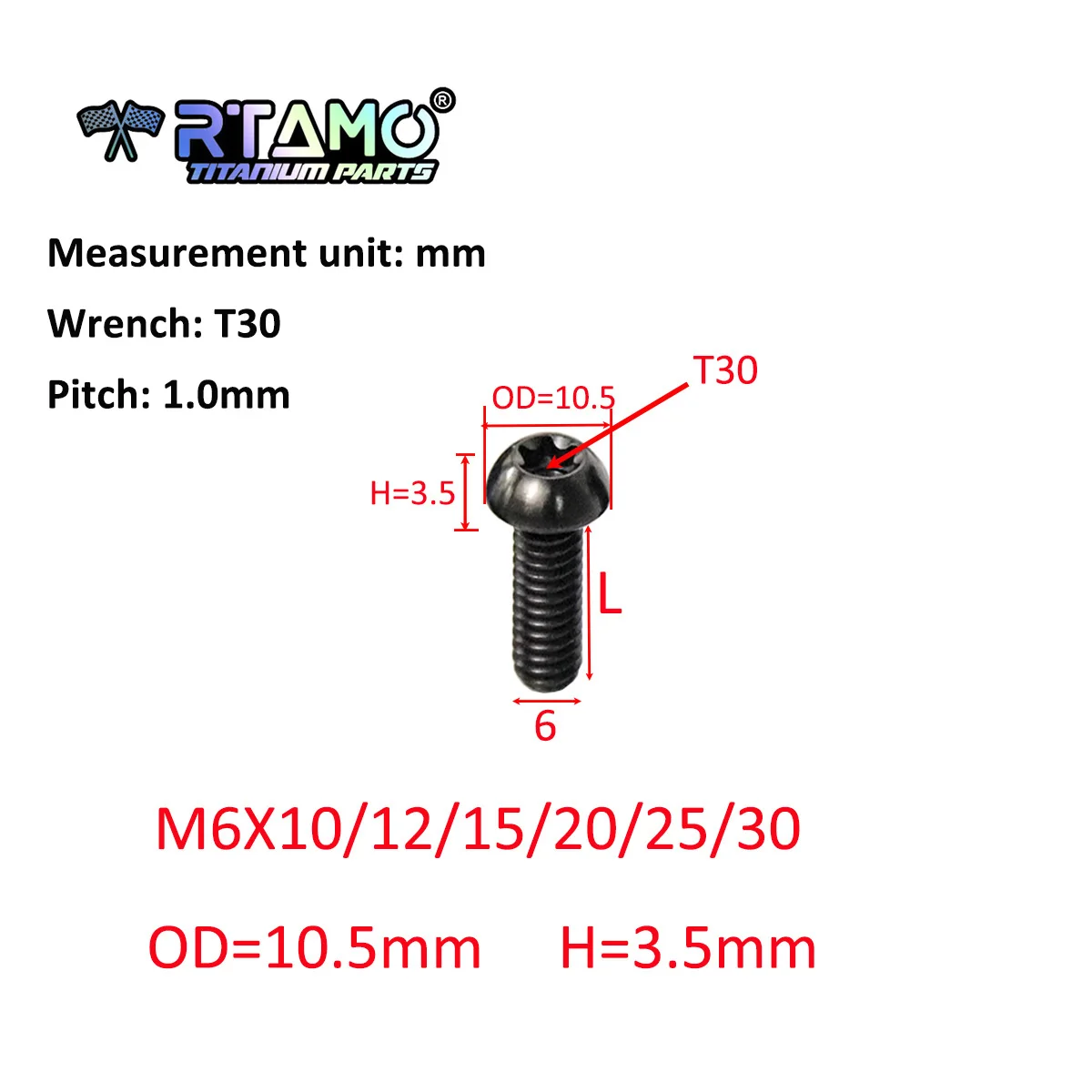 RTAMO Gr5 チタンボルト M6X10/12/15/20/25/30 半丸トルクスヘッドオートバイブレーキディスクネジ (1 個)