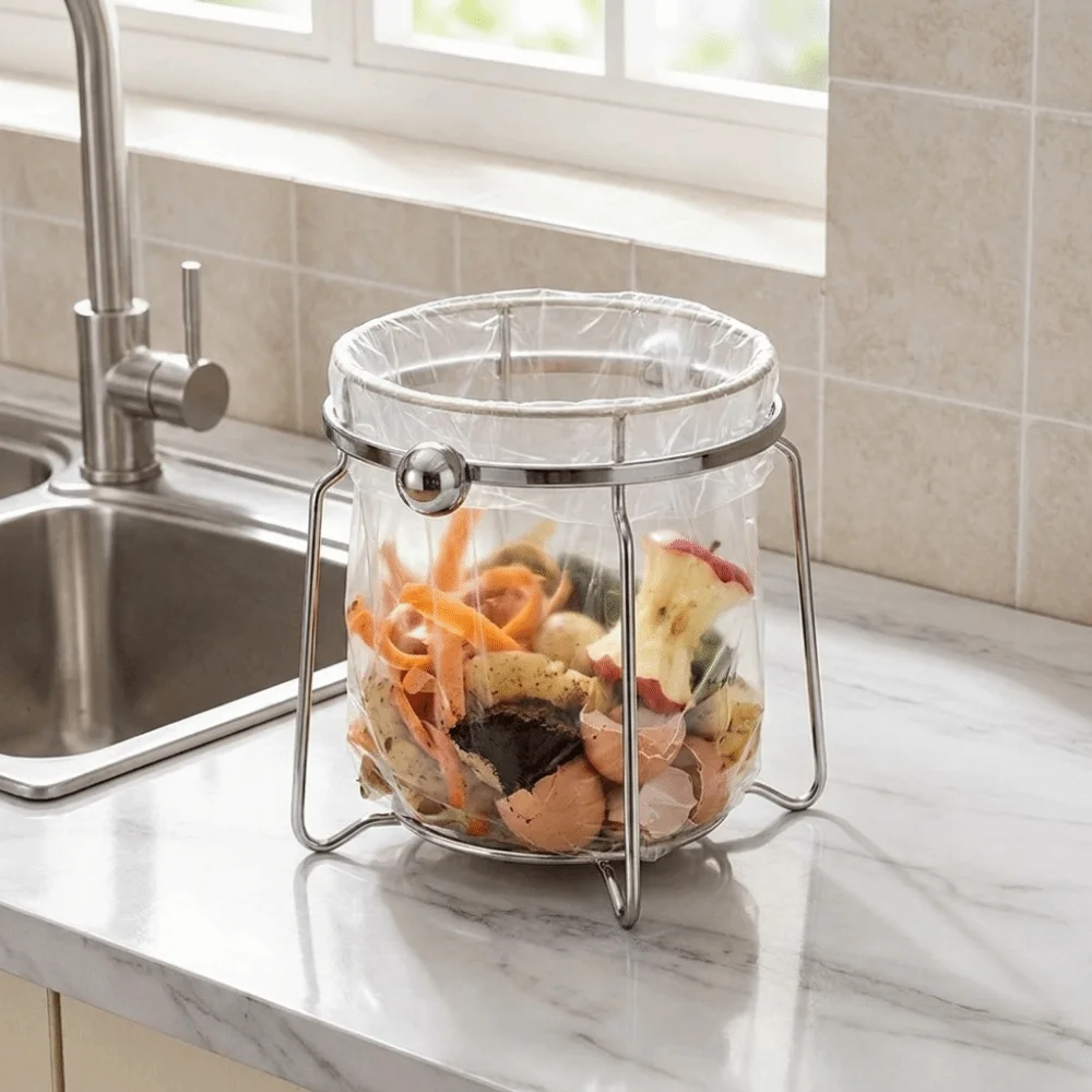 Support de sac poubelle en acier inoxydable durable, résistant à la rouille, avec large ouverture, support antidérapant pour sac poubelle, utilisation en cuisine.