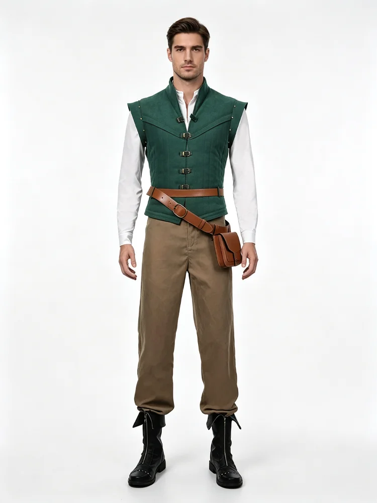 Costume de cosplay Flynn Rider, gilet vert sans manches, chemise, ceinture, sac banane, pantalon kaki, tenue glamour pour Halloween et carnaval
