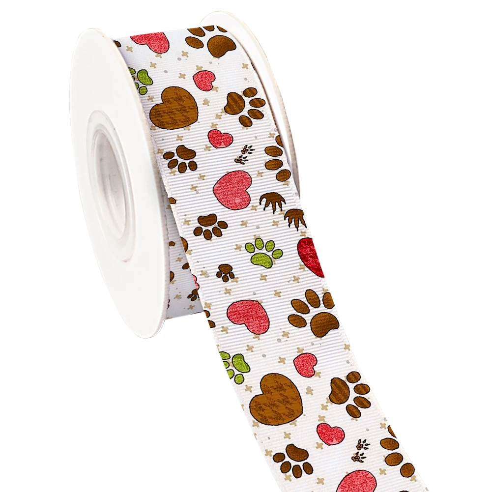 Cartoon Dogs Animals Paw Pattern Printed Grosgrain Satin Ribbon for Gift Wrapping Hair Bow 50 Yards