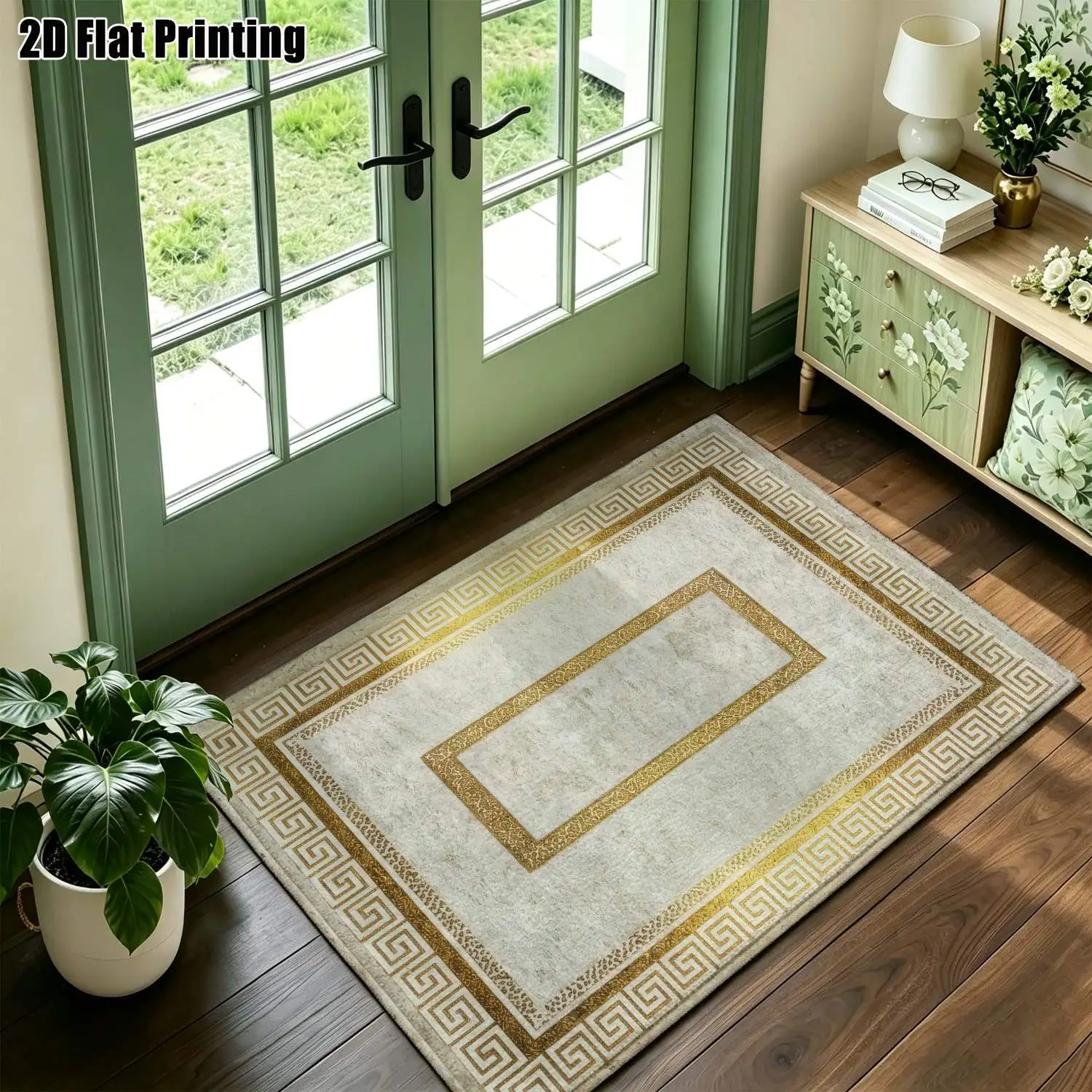 1Pc 2D Printed Beige & Gold Geometric Border Carpet: European Retro Modern Minimalist Home Decor Rug, Machine Washable, Multi-Size for Entrance, Dining, Foyer, Living & Bedroom