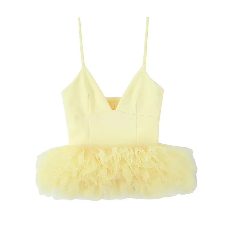 

Women's Summer Fashion V-Neck Sleeveless Top Elegant Sweet Sexy Puffy Hem Tulle Stretchy Thin Sling Short Top