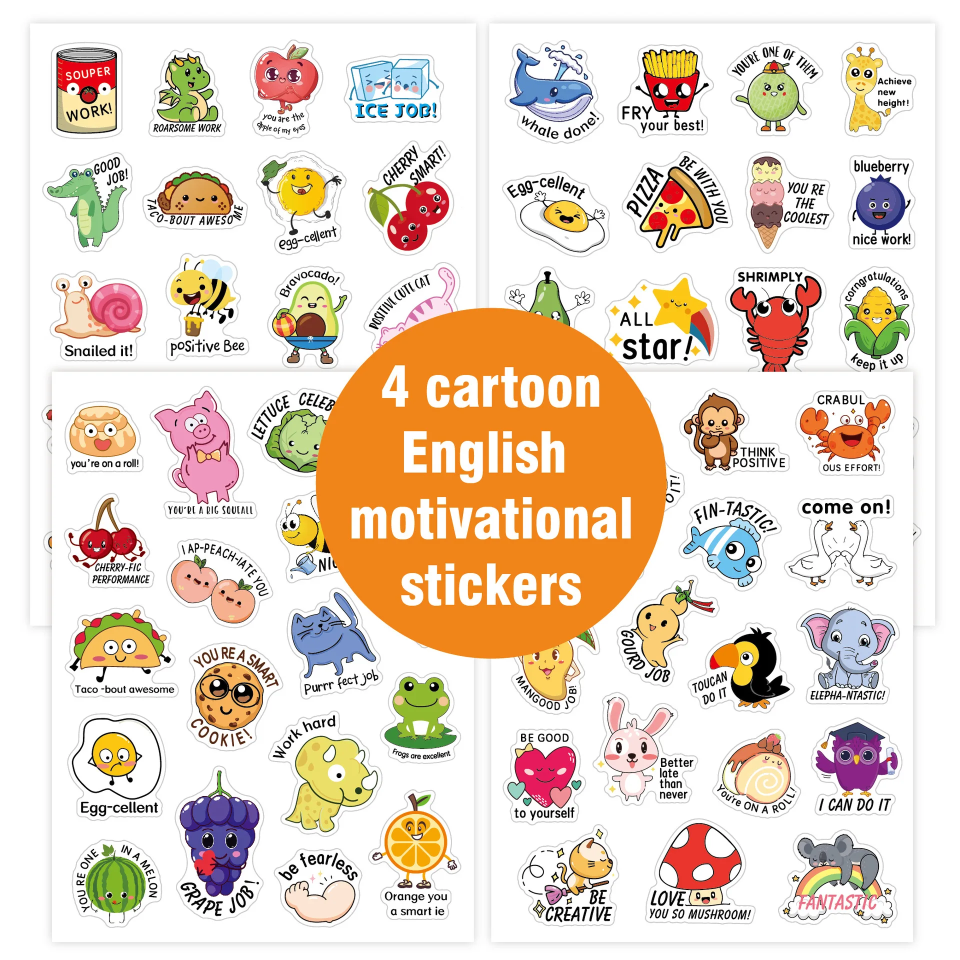 Encouragement Stickers Cartoon English Motivational Fruit Animal Kids Teacher Fun Reward Stickers