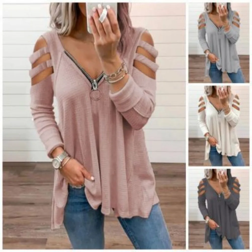 Autumn new long sleeved sexy low cut zipper solid color shoulder strap long sleeved T-shirt for women