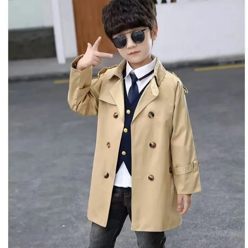 

Children Trench Coat Spring Autumn Boys Korea Solid Color Long Trench Fashion Casual Turn Down Collar Kids Trench Coat