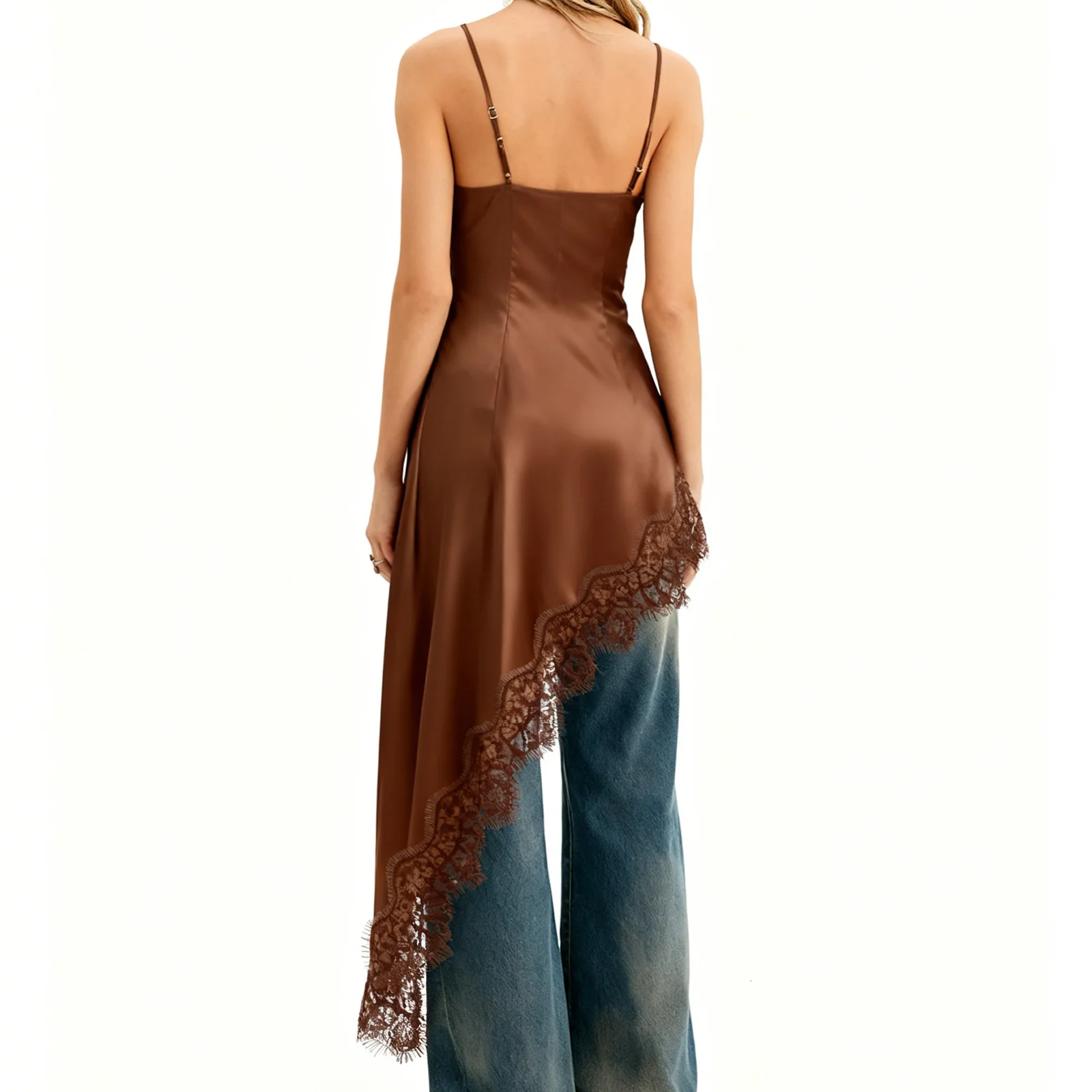 Women's Summer Lace Trim Camisoles Sleeveless Open Back V Neck Long Irregular Hem Tank Tops