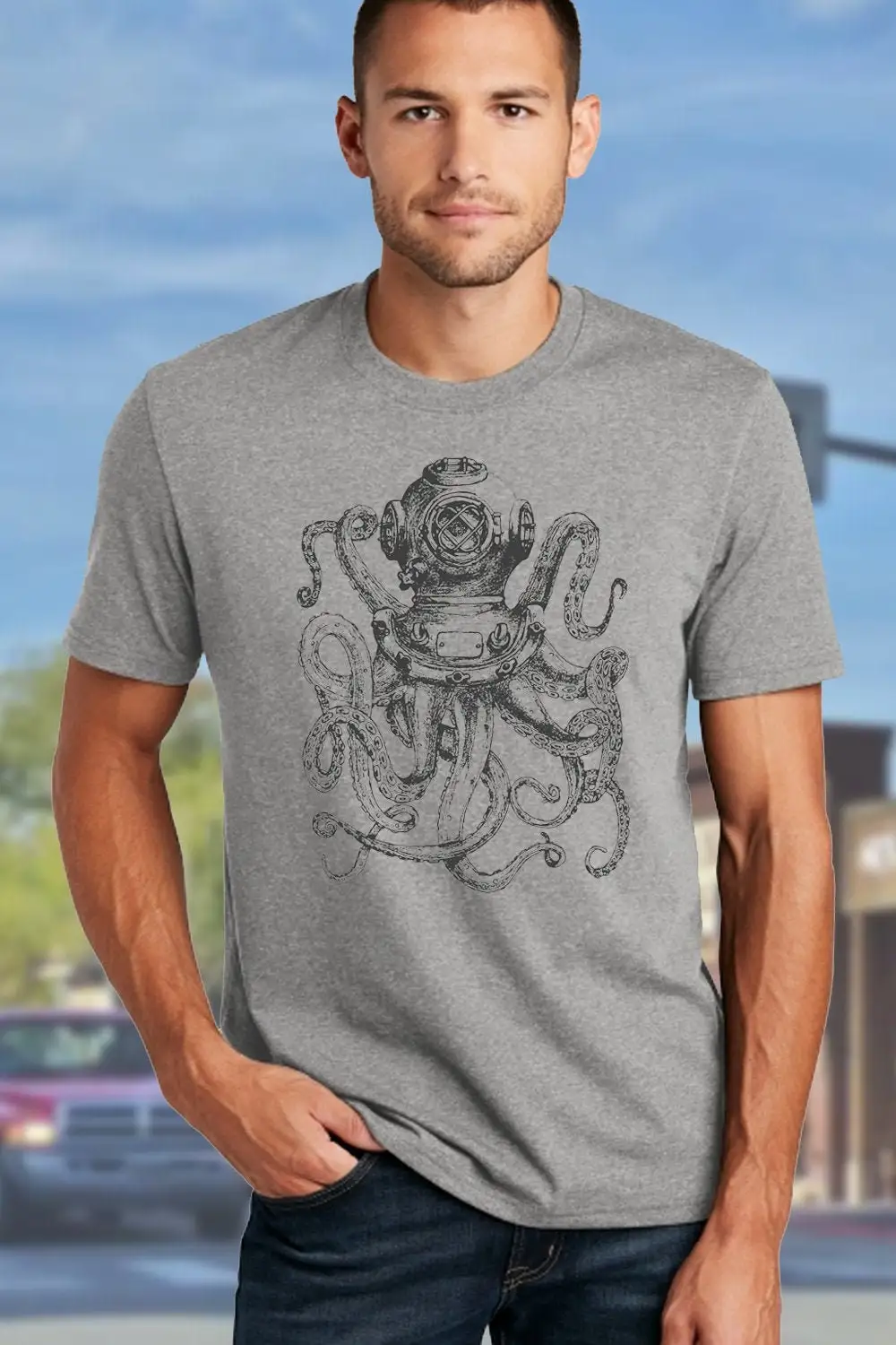 Vintage Octopus Hand Drawing Retro Graphic Tee Ocean T Shirt Dive Men S Steampunk Helmet Grunge Sailing Soft