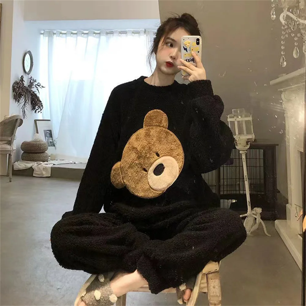 Conjunto de Pijama Kawaii para Mujer, ropa de dormir de franela con dibujos animados de oso dulce, trajes de noche para Mujer, otoño e invierno, 2023