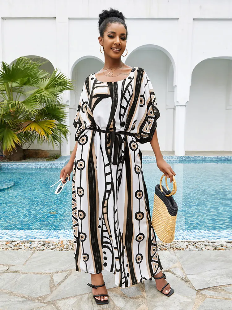 

2023 Elegant Long Kaftan Printed V-neck Batwing Sleeve Street Wear Loose Maxi Dress Women Plus Size Bat sleeve Party Dress Q1341