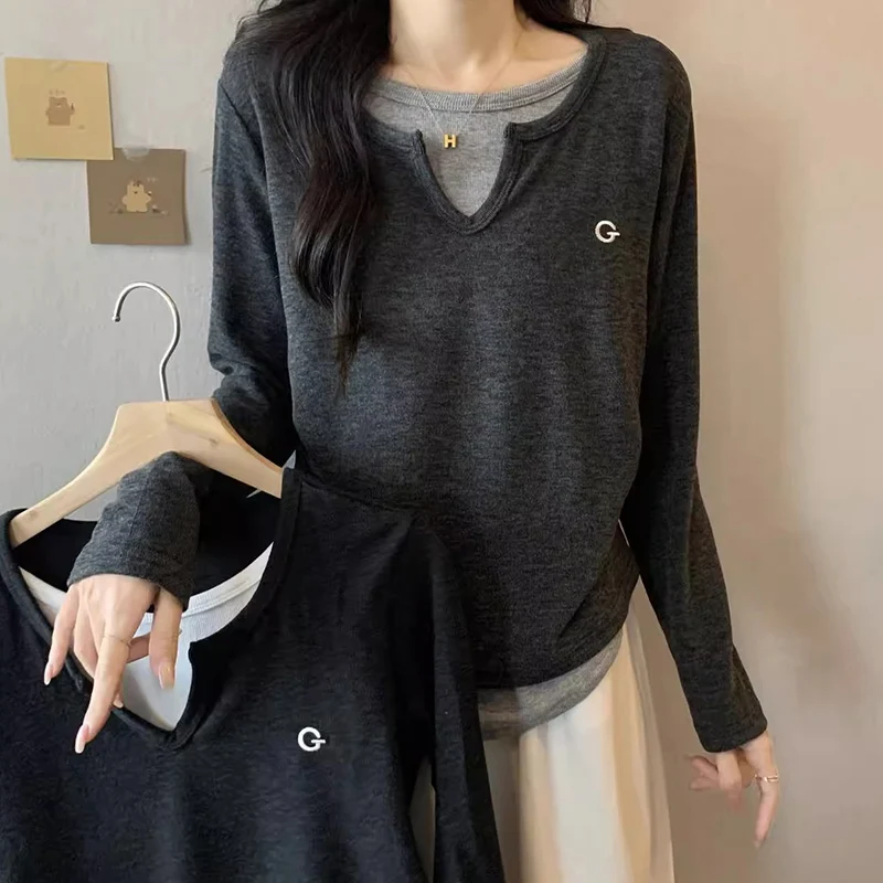 

2024 Autumn Women Classic Retro Loose Tops Lady Chic Fashion Patchwork T-shirts Female Korean Version Daily Long Sleeve Clothes