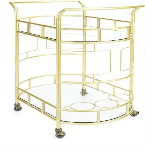 

Round Gold Rolling Bar Cart Wine Rack and Lockable Casters,2 Mirrored Shelves Serving Cart for Kitchen, Club, Living Room