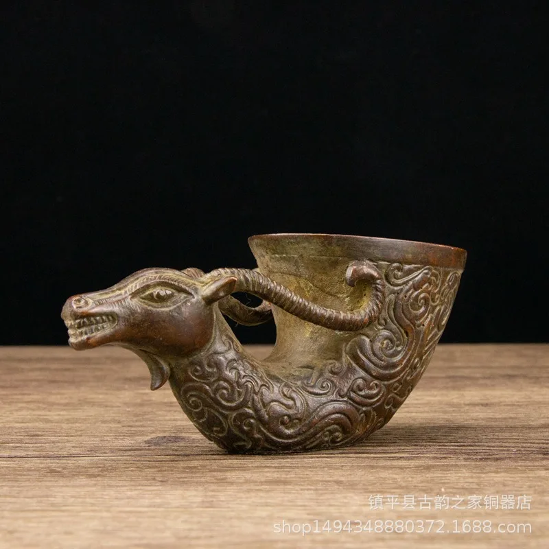 Brass Antique Sheep and Dragon Pattern Decanter Copper Set Wine Glass Ornament Office Living Room Shop Craft