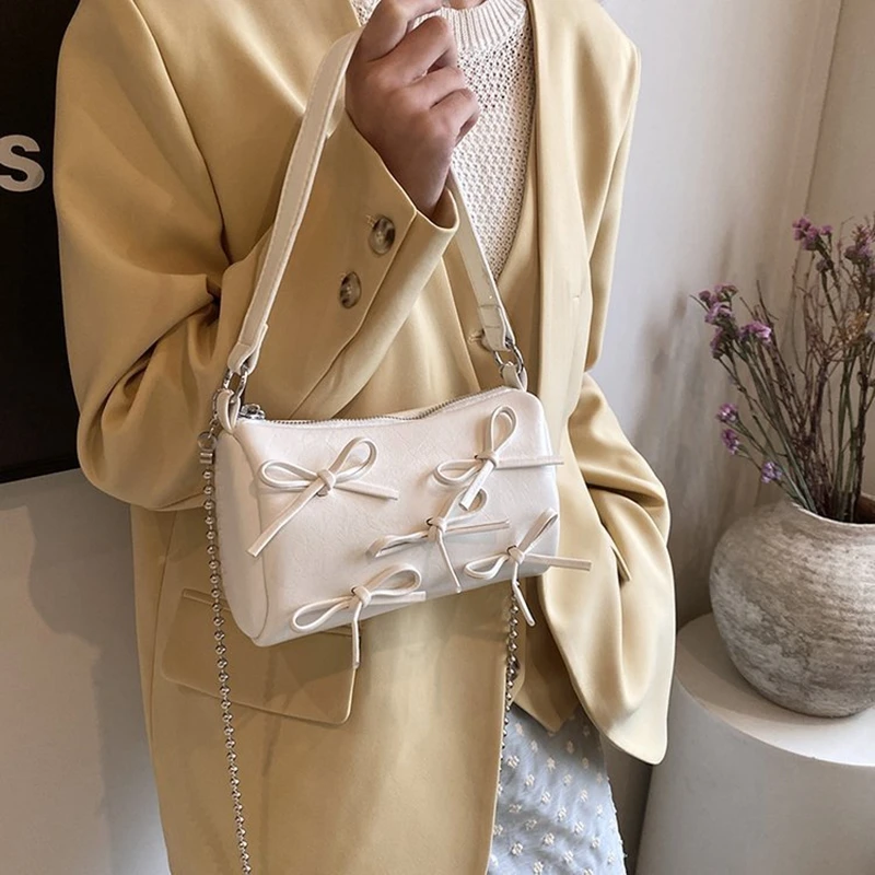 Cute little bow tie design crossbody bag for women 2024 new silver pink armpit small square bag handbag PU leather shoulder bag