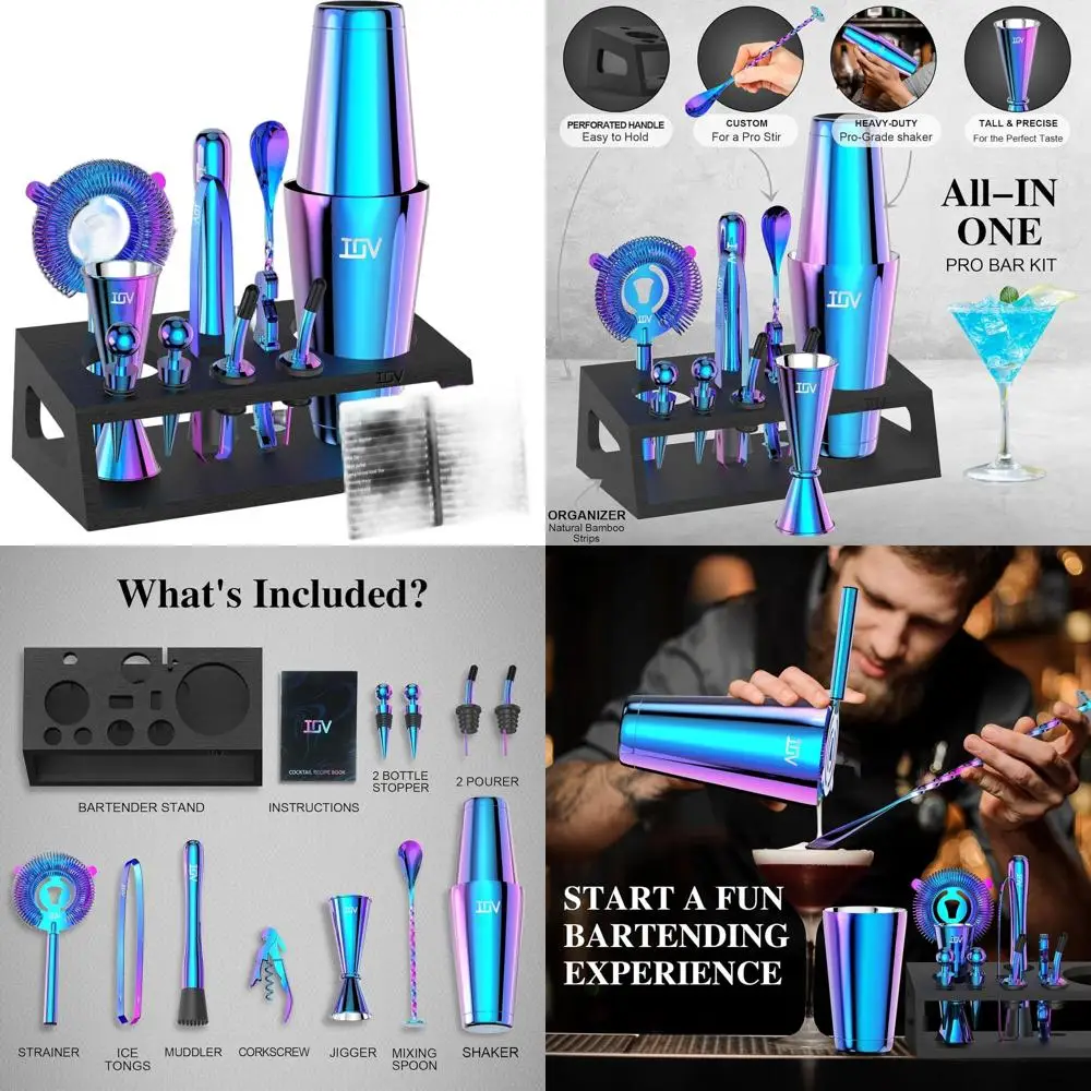 

Набор для барменов из 12 предметов: шейкеры 18 и 28 унций, книжка с рецептами и подставка | Идеально подходит для домашнего бара | Яркая радужная палитра De