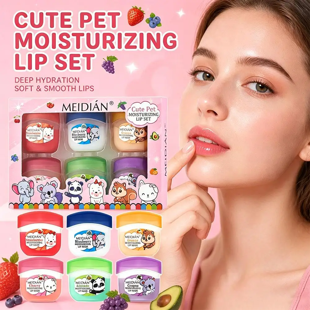 6 Pcs Cute Pet Moisturizing Lip Set Moisturizing Nourishing Fade Lip Lines Orange Blueberry Strawberry Cherry Grape Lip Balm