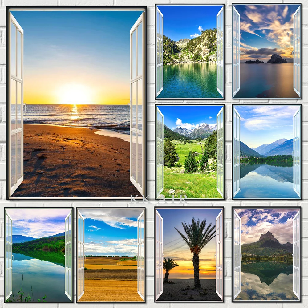 

Scenery Canvas Painting Window View Beach Coastal Lake Sunset Mountains Wall Art Poster Print Living Room Modern Home Decor