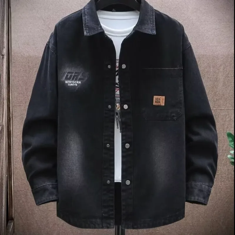 

Мужская куртка, осенние черные джинсовые пальто с надписью, мужская одежда для подростков, красивая куртка, рубашка, однобортные однобортные топы с лацканами