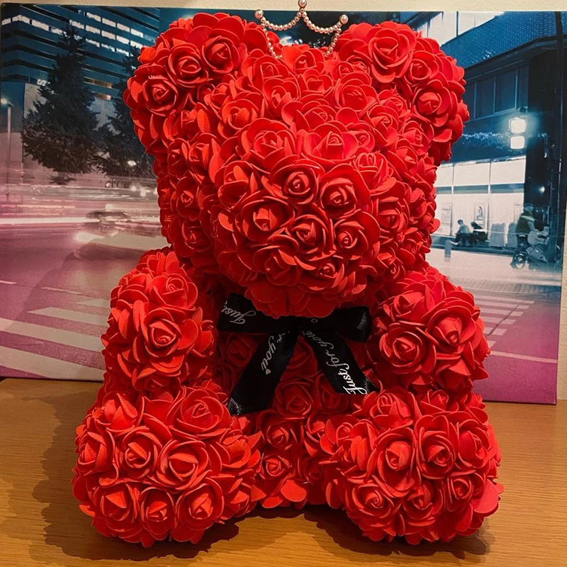 

40cm Red Teddy Bear of Rose Artificial Flowers Rose Bear for Valentines Wedding Christmas Gift Box Home Decorations