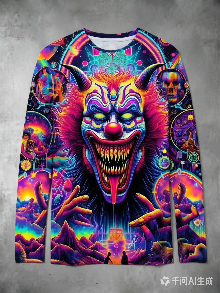 Men's Psychedelic Clown Print T-Shirt 3D Trippy Graphic Crew Neck Long Sleeve Cool Streetwear Casual Breathable Tops