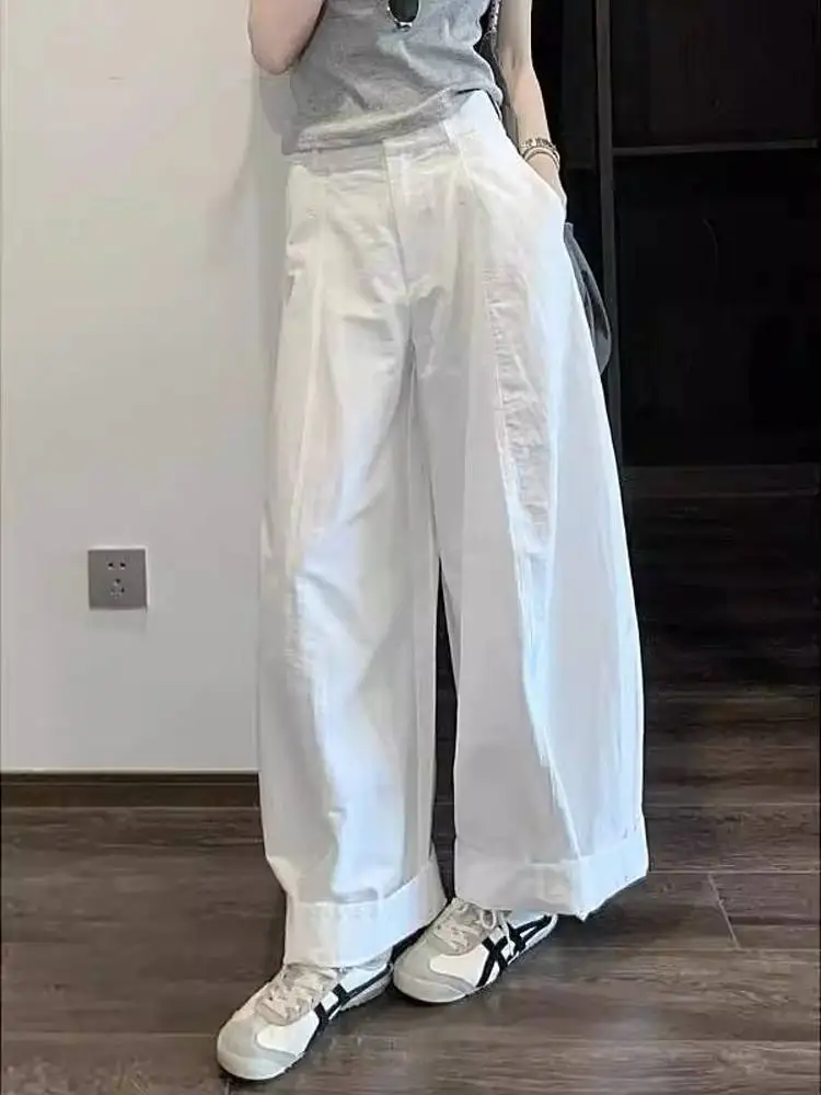 ルーズストレートレッグホワイトワイドレッグパンツ レディースカジュアルパンツ 韓国スタイル ルーズで涼しいワークウェア ハイウエスト