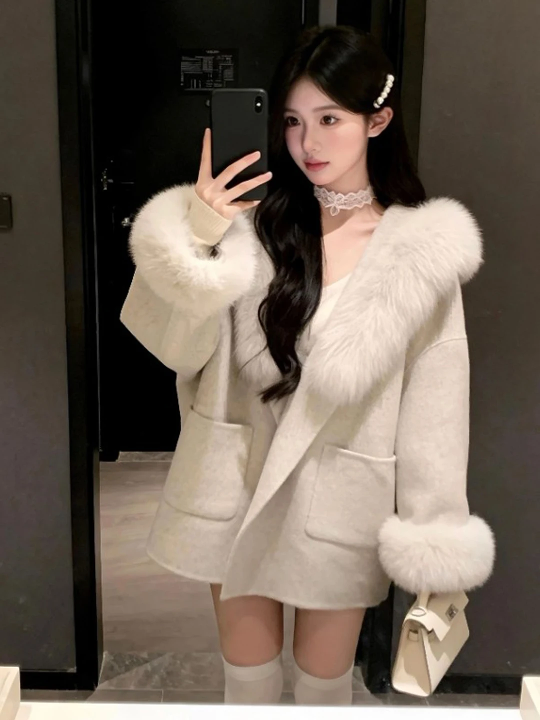 

Ele Woolen Coat for Women Gentle Sle Rich Girl Faionable Long Sve Hooded Casual Home Office Travel Outerwear