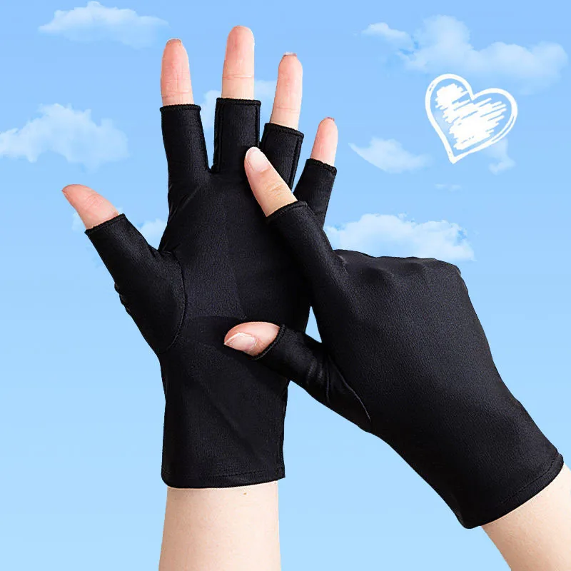Women Half‑Finger Sun Protection Gloves Solid Color Short Gloves Stretch Breathable Gloves Summer Outdoor Driving Cycling Deco