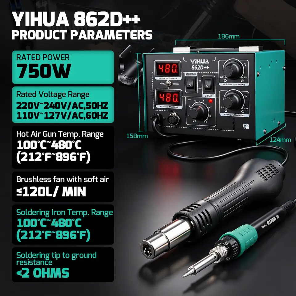 750W Soldering Iron Kit with Hot Air Rework Station, 100-480°C Range