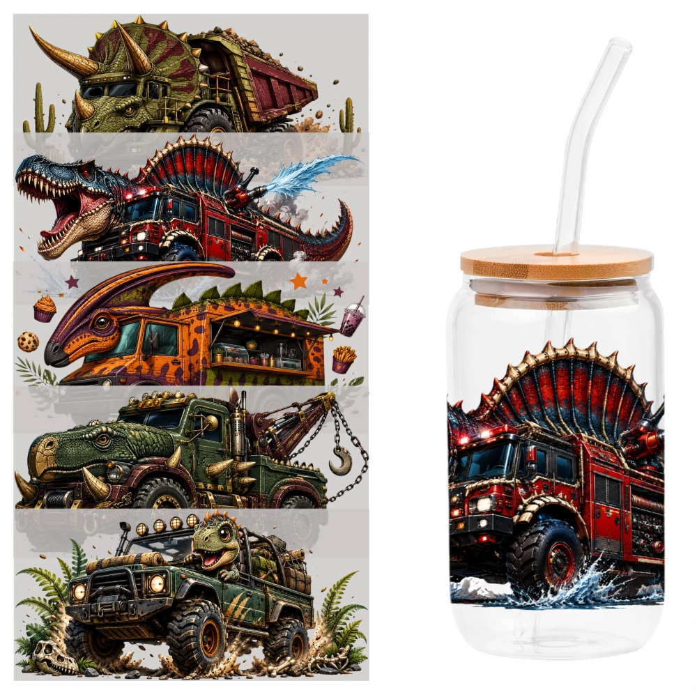 5 Sheets Dinosaur Truck Pattern UV DTF Stickers Waterproof Decals Mug Decoration Gift Waterproof Rub on Transfers