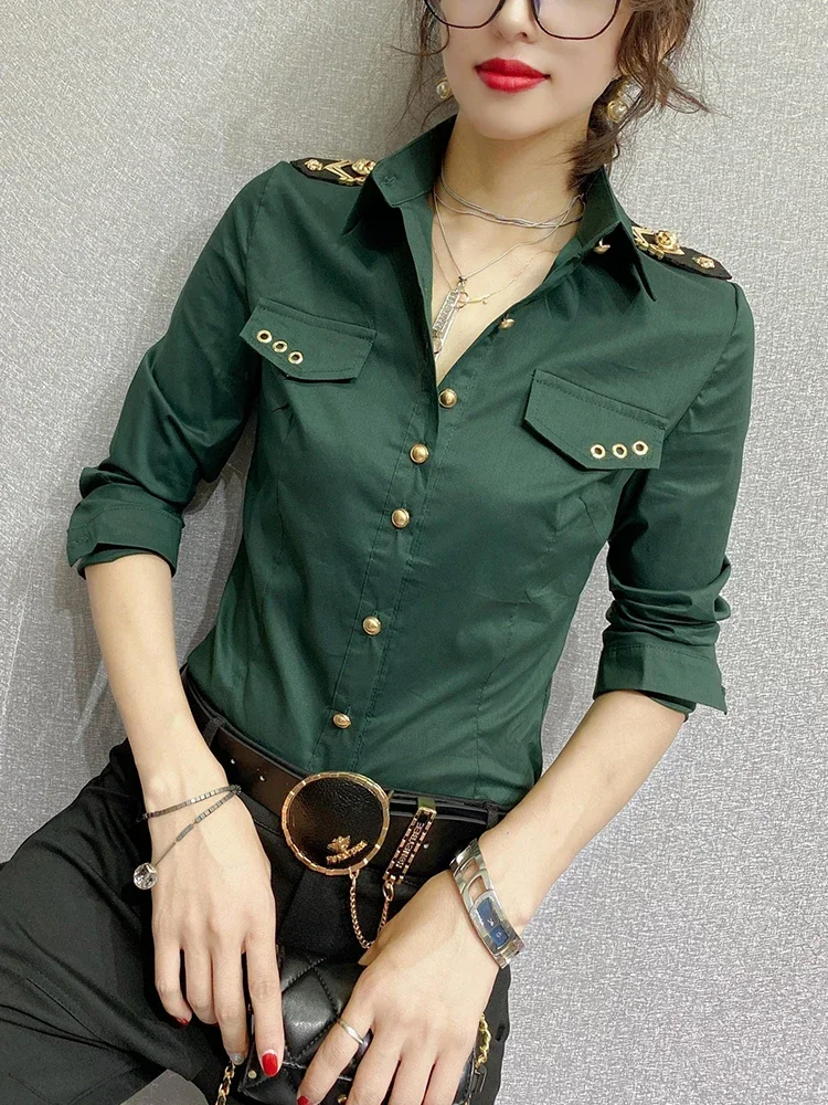 Slim Green Professional Shirt Fashion Women Green Tops  Womens Tops  Blusas Femininas Elegantes