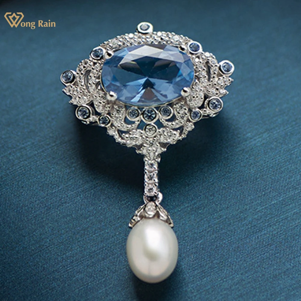 Wong Rain 925 Sterling Sliver Oval Blue Spinel Pearl High Carbon Diamond Gemstone Brooch Brooches Fine Jewelry Anniversary Gifts