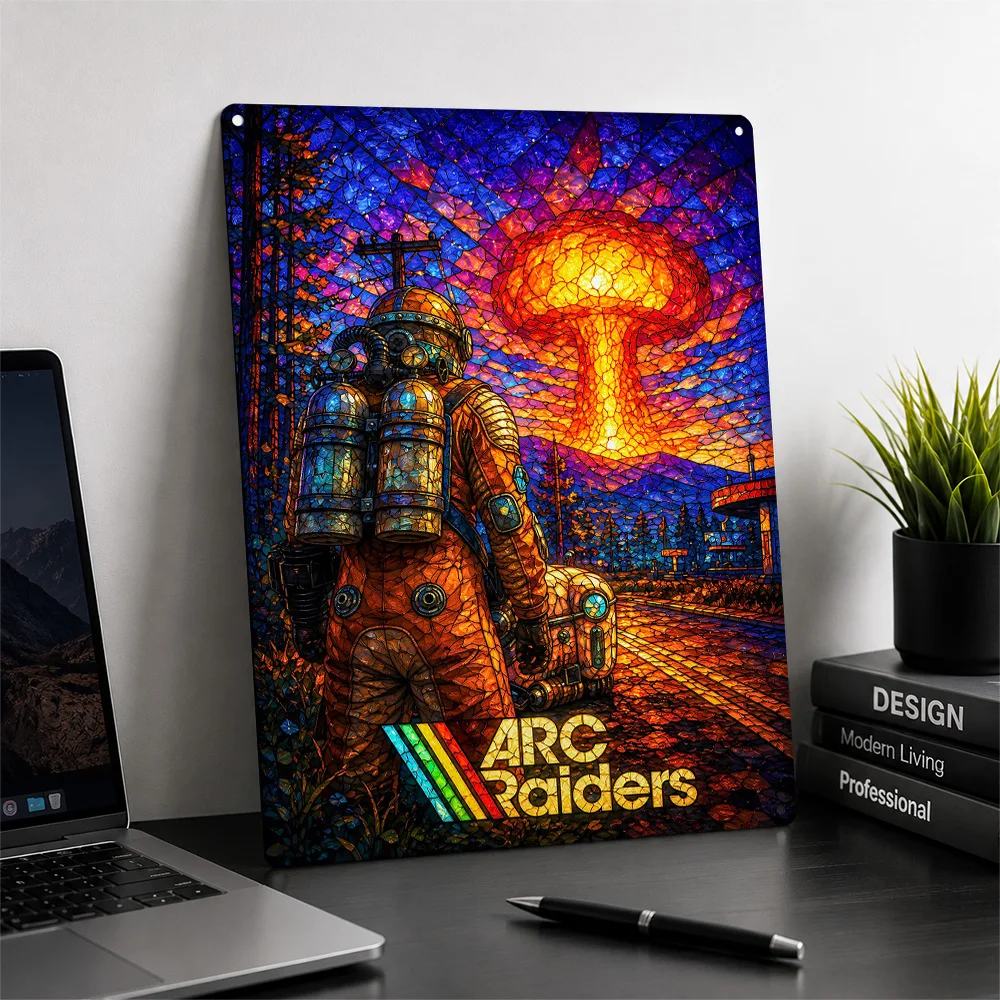 Arc Raiders Stained Glass Atomic Explosion Metal Poster Gaming Wall Art Customized Retro Tinplate Sign for Man Cave Home Decor