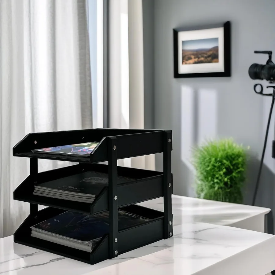 Uniosic 3-слойный лоток для бумаги для документов, лоток для писем из искусственной кожи, настольный сортировщик файлов, черный лоток-органайзер