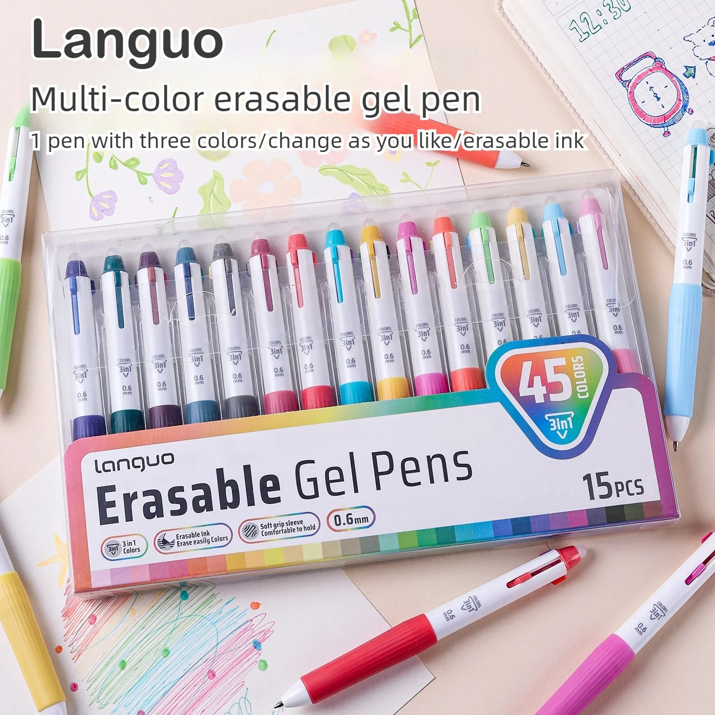 Languo 45 Colors Retractable Erasable Gel Pen 0.6mm 3-in-1 Thermal Erasable Pen for Journaling Stationery School Office Supplies