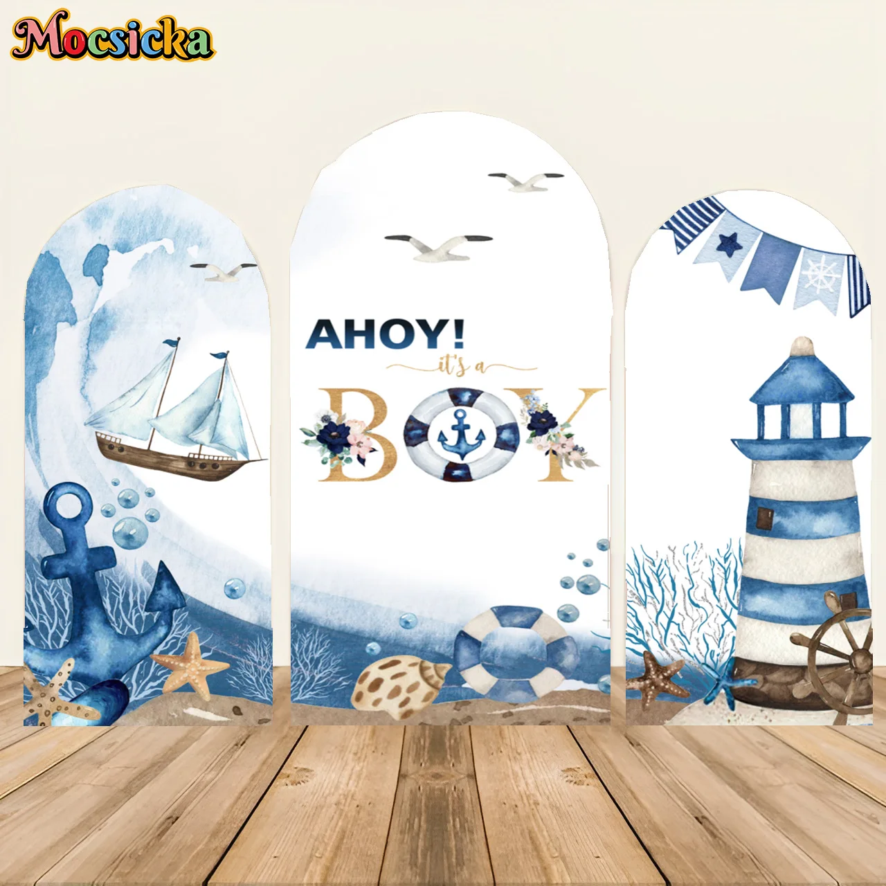 Mocsicka Ahoy Its A Boy Double Stitched Arch การถ่ายภาพพื้นหลัง Baby Shower ตกแต่งวันเกิดประภาคารผจญภัยทะเล To