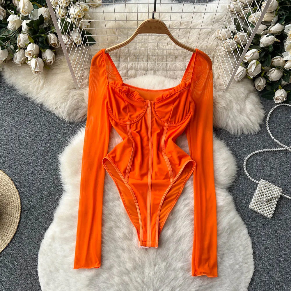 Foamlina Đen Phong Cách Mới Bodysuits Cho Nữ Gợi Cảm Thấy Thông Qua Lưới Miếng Dán Cường Lực Tay Dài Cổ Vuông Phối Mỏng Co Giãn Cơ Thể Cao Cấp