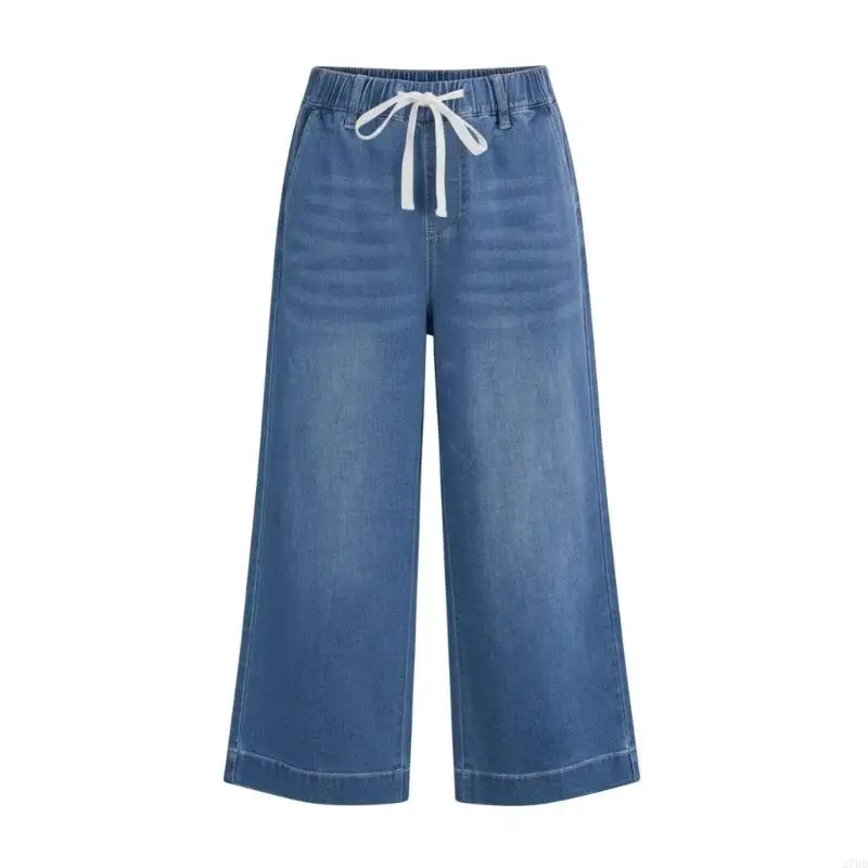 Women's Adjustable Fit Capris Jeans with Elastic Waistband for Comfort