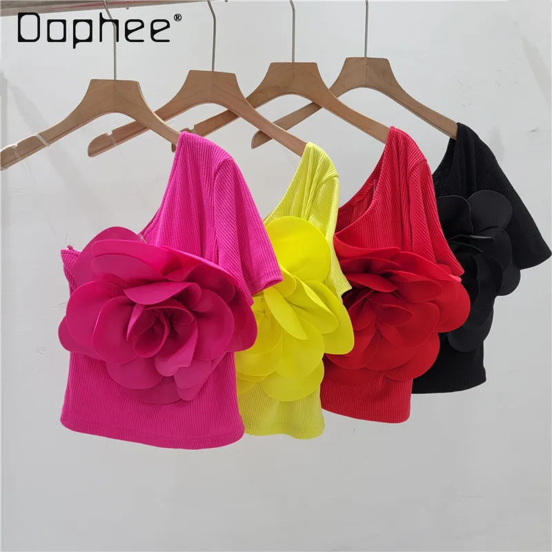 

3D Large Flower Oblique Collar One Shoulder Camisole Slim 2024 Female Open Back Outwear Tops Summer Chic Off Shoulder Blouse