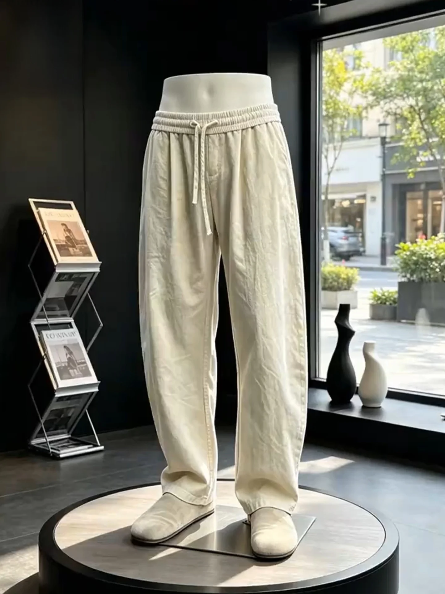 Khaki Cotton Linen Curved Blade Pants Men's Summer Thin Loose Wide Leg Pants Breathable Linen Casual Pants
