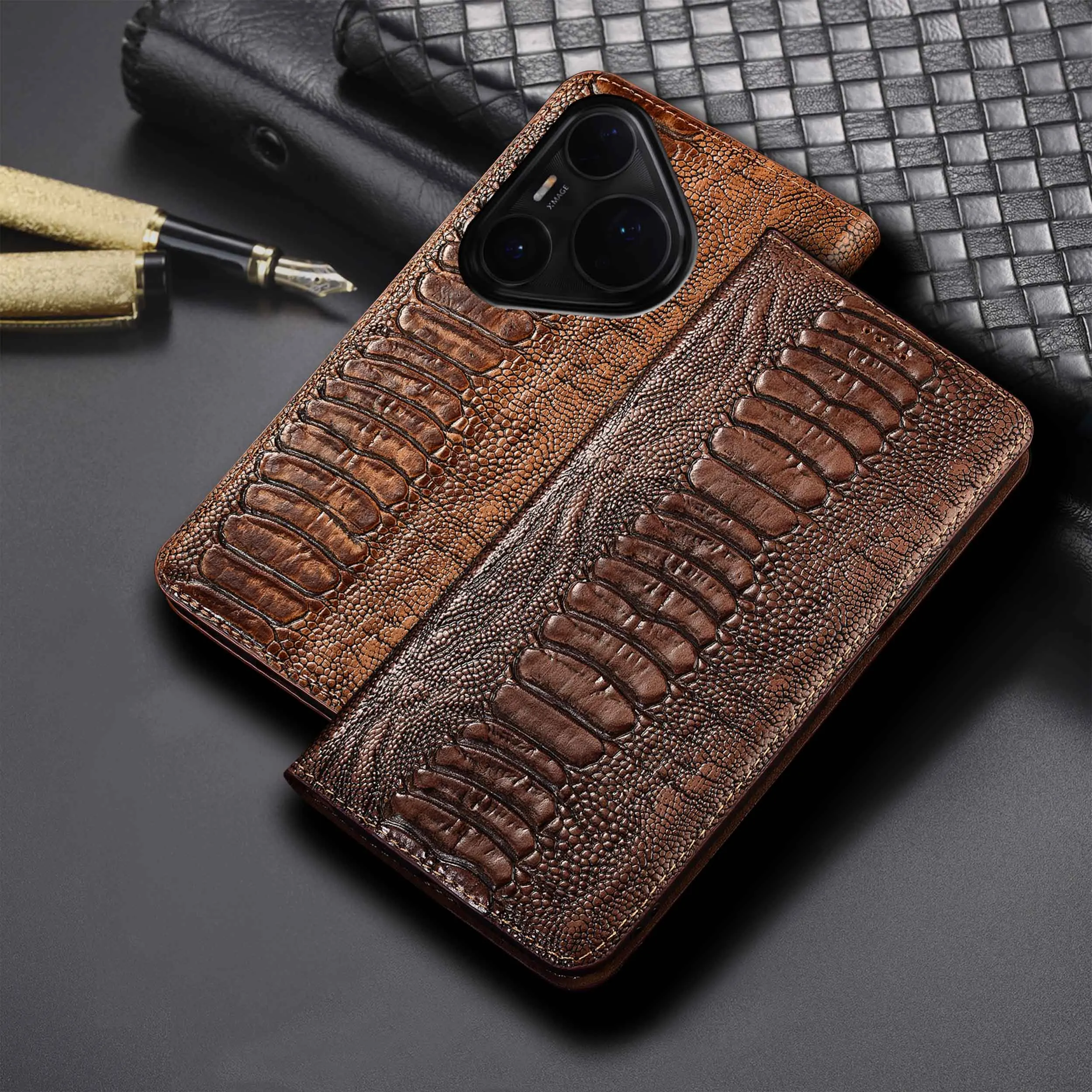 

For Huawei P30 P40 P50 P50E P60 Pura 70 80 Pro Plus Ultra Lite Art Ostrich Feet Pattern Of Genuine Leather Flip Phone Cover Case