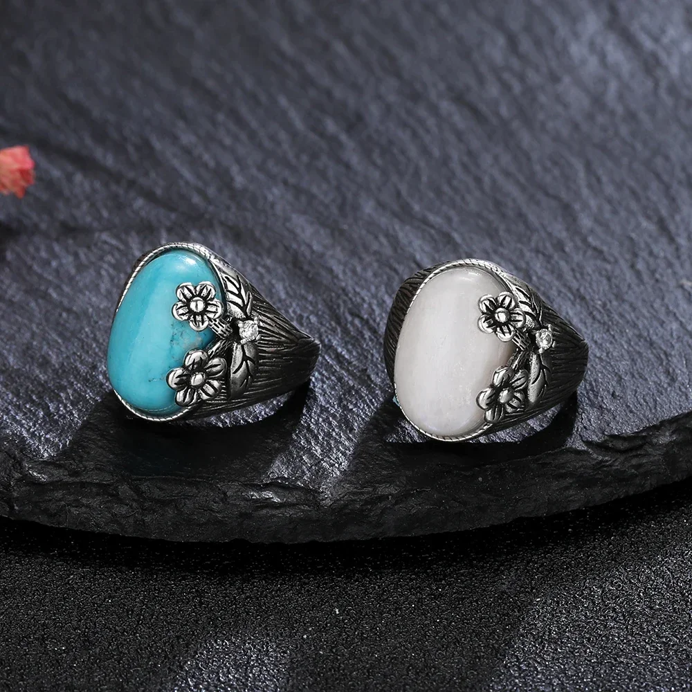 11*17MM Natural Turquoise Moonstone Ring Sterling Silver 925 Rings for Women Gift Retro Flower Fine Jewelry Wholesale