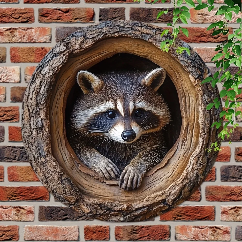 1PC Raccoon in Tree Hole Aluminum Sign - Multifunctional Wall Decor, Waterproof Durable Metal Plaque for Home, Room Decor