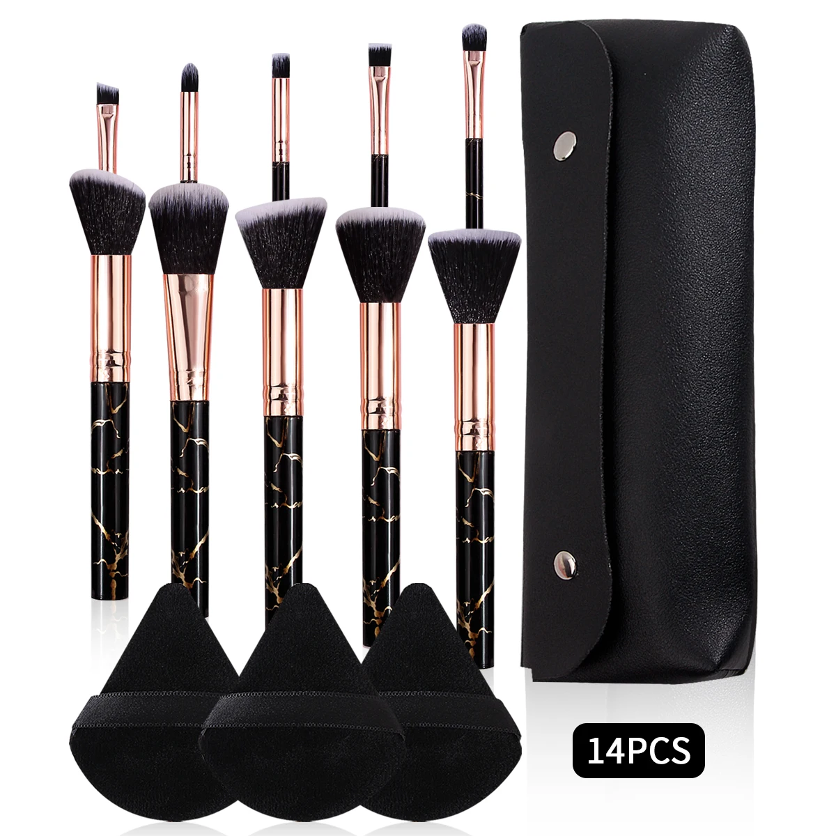 14PCS Black marble-patterned multi-functional makeup brush set + soft triangular powder puff & portable storage bag