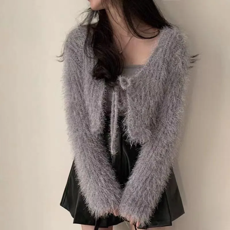 White sweater women winter autumn new style hairy short style slim fit and slimming knitted cardigan top jacket