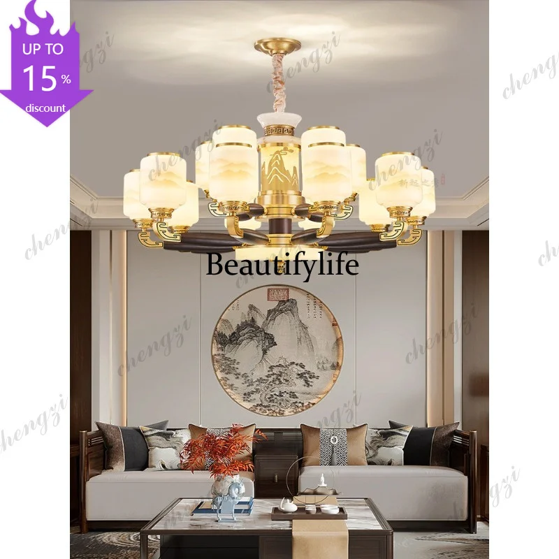 EE New Chinese chandelier living room high-end jade all copper solid wood villa self-built house empty hall main light