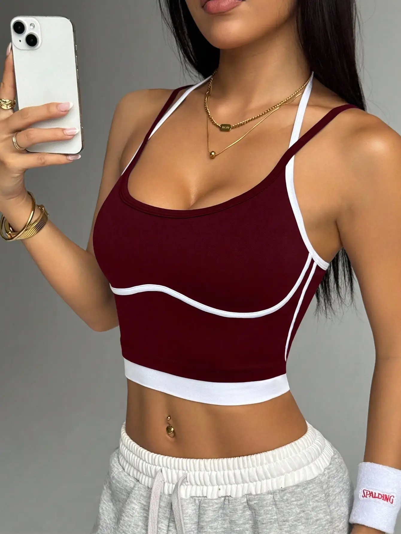 Farbblockierender, nicht aus Stahl gefertigter Ring, schöne Sportweste für Damen-Outdoor-Bekleidung, Fitness-Laufen, stoßdämpfende Raffung, s