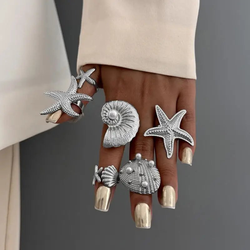 Summer Starfish Ring Set Iron Alloy Imitation Pearl Opening Rings for Women Star Shell Joint Anillo Party Personality Jewelry