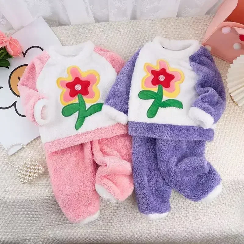 Autumn and Winter New Children\'s Pajamas 2023 Girls\' Cute Flower Set Fashion Plush Thickened Flannel Home Set