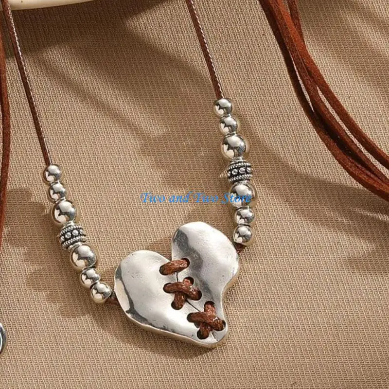 

HX6F Simple Wax Rope Pendant Necklaces Vintage Heart Pendant Chokers Party Jewelry