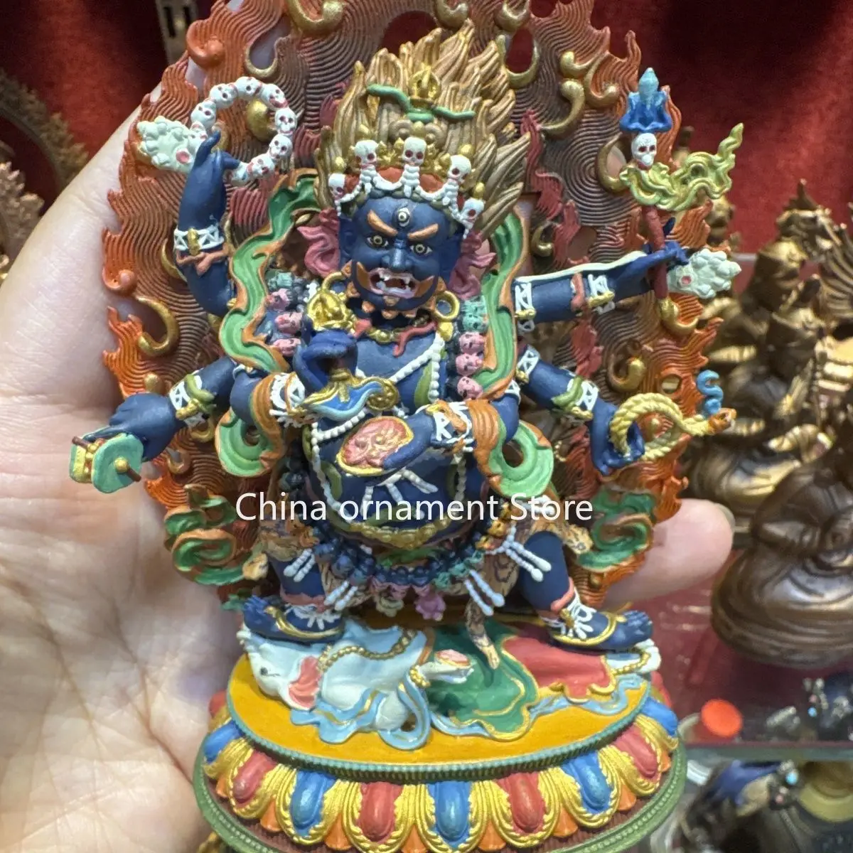 Tibetan Tantra Big Black Sky 12cm Six-Arm Mahogala Buddha Statue Painted Household God of Wealth Living Room Ornament