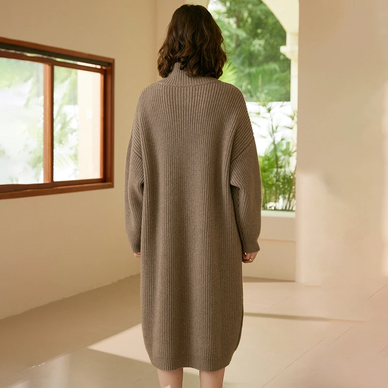 Fashion New Autumn and Winter Women's High Standing Collar Long Cardigan 100% Pure Cashmere Lazy Style Coat Sweater Commuter